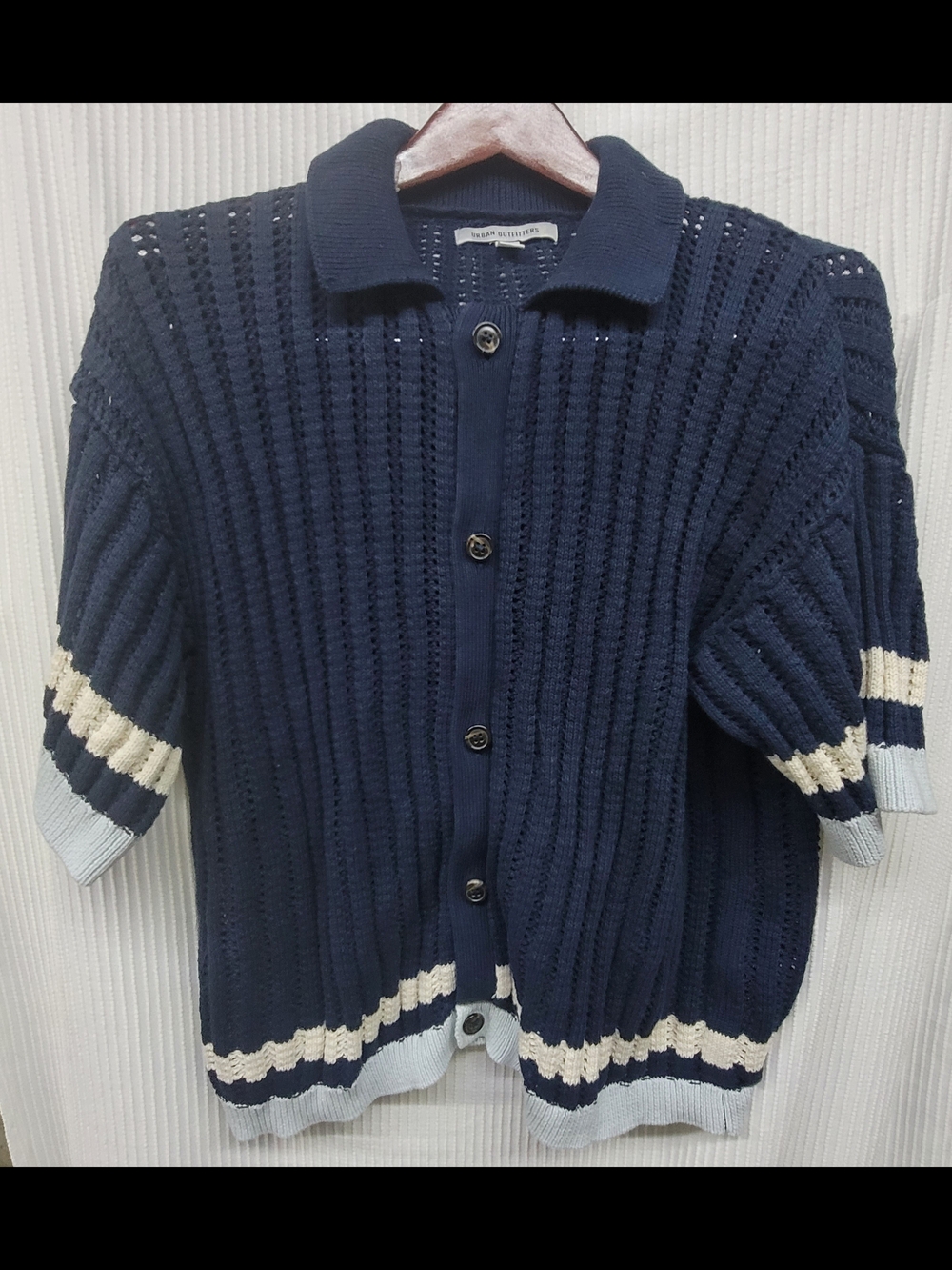 Urban Outfitters Navy Short-Sleeve Knit Cardigan with Cream & Light Blue Trim